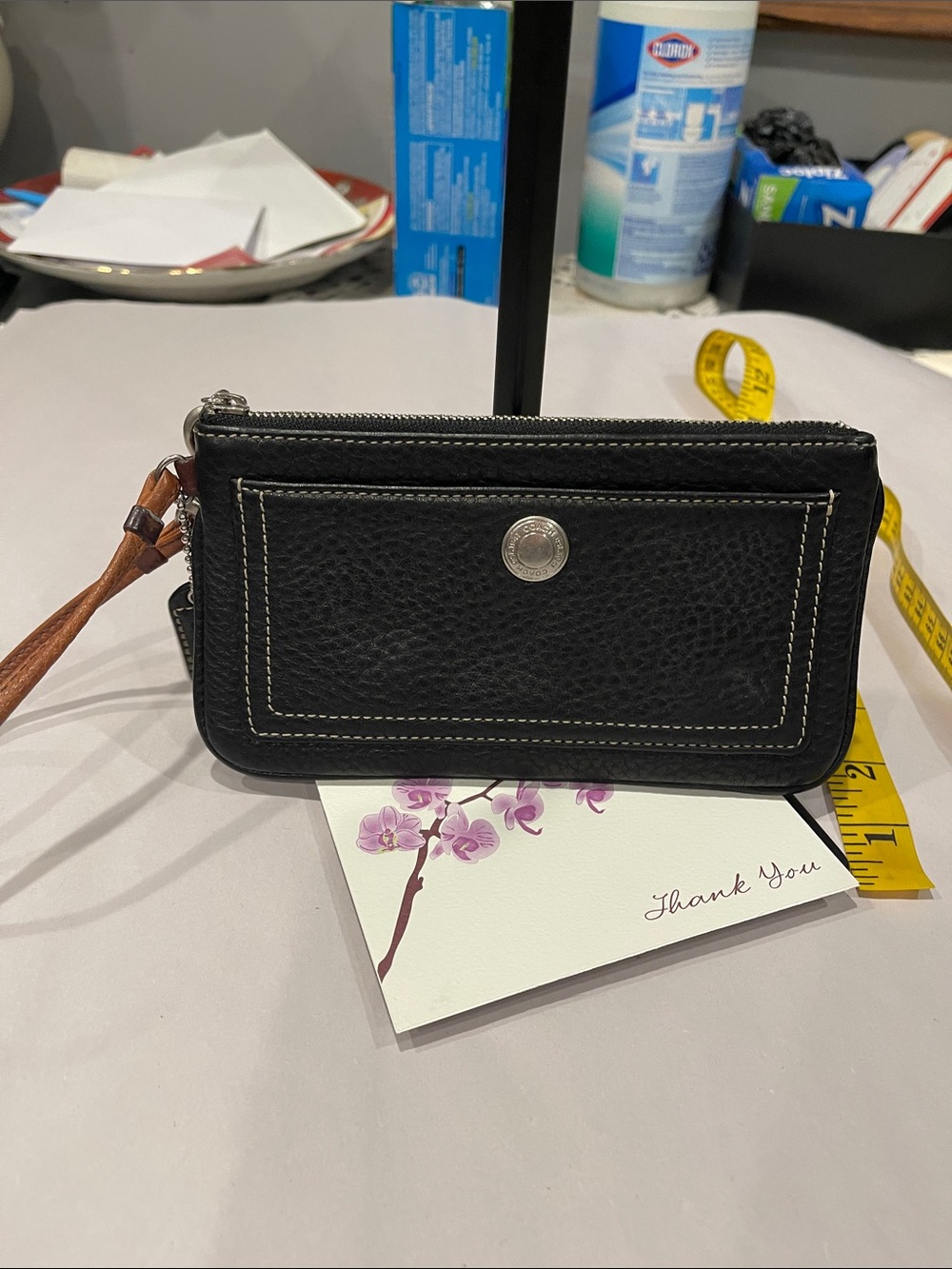Coach Vintage Black Pebbled Leather Tan Strap Pouch Wallet Wristlet